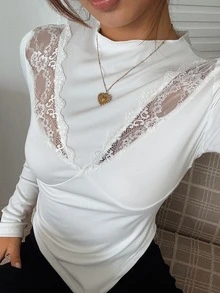 DAZY 女款秋季保暖內裡修身高領套頭T恤 - 白色 - 查看 6