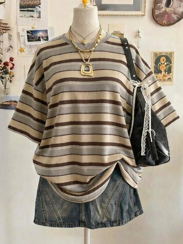 Lalippa Striped Digital Print Casual Oversized Mid-Length Round Neck Drop Shoulder Women T-Shirt, Gift For Friends