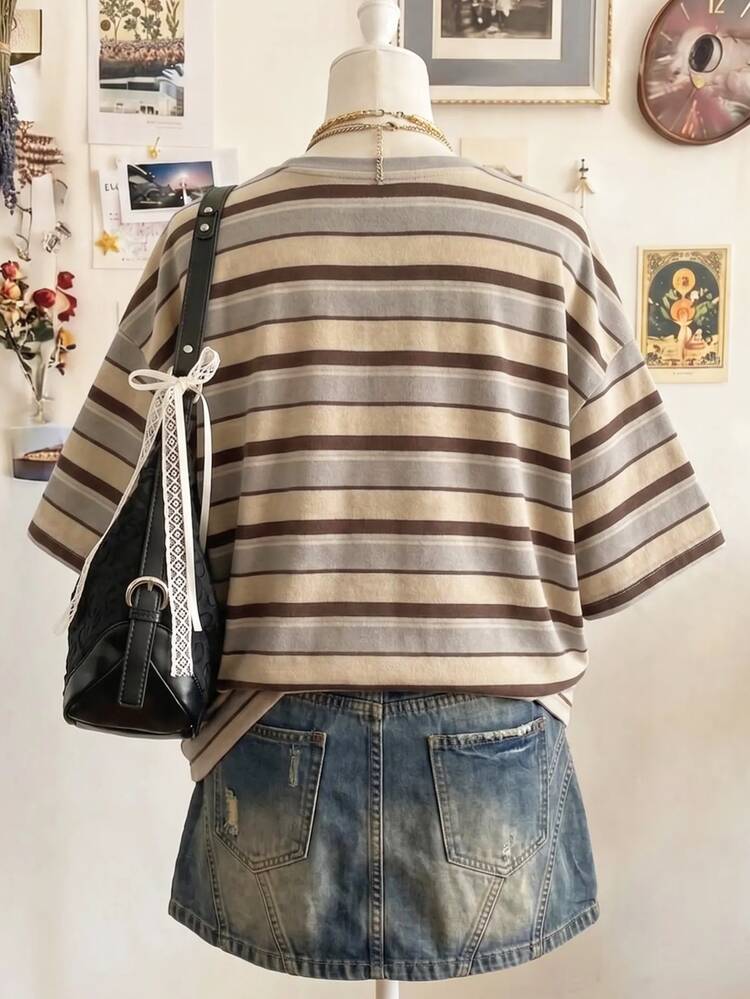Lalippa Striped Digital Print Casual Oversized Mid-Length Round Neck Drop Shoulder Women T-Shirt, Gift For Friends - Multicolor - View 2
