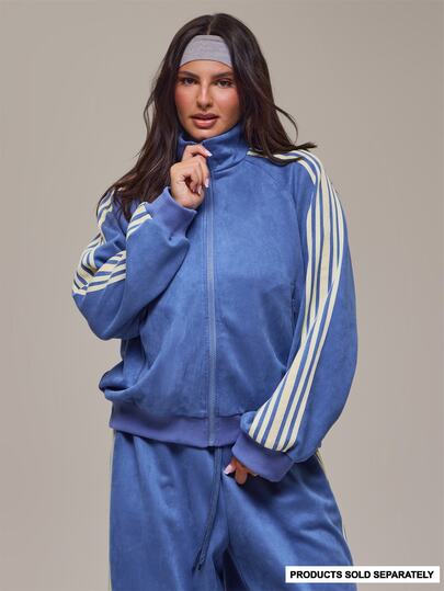 MUSERA Plus Size Blue Zip Up High Neck Stripe Detail Jacket Winter Fall Autumn Casual Top Day Outfit Comfy Outfit Cool
