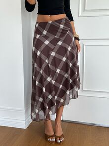 Aloruh Women's Autumn/Winter Brown Plaid Plaid Asymmetric Design Ultra Low Waist Mesh Ruffle A-Line Skirt Brunch Date Daily Vintage Rustic Elegant - Brown - View 4