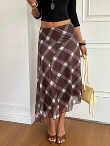 Aloruh Women's Autumn/Winter Brown Plaid Plaid Asymmetric Design Ultra Low Waist Mesh Ruffle A-Line Skirt Brunch Date Daily Vintage Rustic Elegant - Brown - View 7