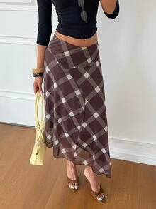 Aloruh Women's Autumn/Winter Brown Plaid Plaid Asymmetric Design Ultra Low Waist Mesh Ruffle A-Line Skirt Brunch Date Daily Vintage Rustic Elegant - Brown - View 6