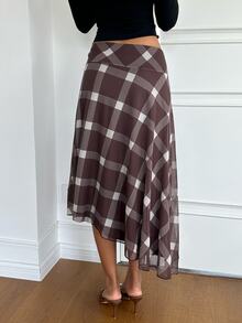 Aloruh Women's Autumn/Winter Brown Plaid Plaid Asymmetric Design Ultra Low Waist Mesh Ruffle A-Line Skirt Brunch Date Daily Vintage Rustic Elegant - Brown - View 3