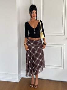 Aloruh Women's Autumn/Winter Brown Plaid Plaid Asymmetric Design Ultra Low Waist Mesh Ruffle A-Line Skirt Brunch Date Daily Vintage Rustic Elegant - Brown - View 2