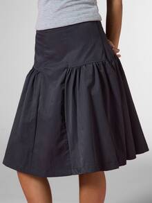 COUREZ Panel Midi Nylon Skirt, Y2K Casual For Women Core Going Out Brunch Picnic Work Office Autumn Concert Charcoal Gray - Black - View 5