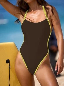 Swim SPRTY 新款夏季女士露背交叉绑带撞色滚边黑色性感度假连体泳衣 - 彩色 - 查看 4