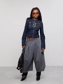 COUREZ Dunkelgraue Y2K Damen-Sommerhose, lässige Streetwear, Low-Rise Baggy Balloon Crop Jogger, Sweatpants-Outfit für Flughafen - Dunkelgrau - Übersicht 5