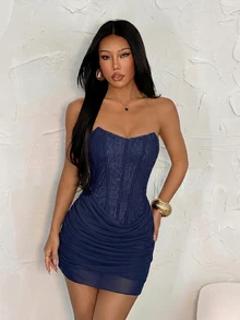 SHEIN PETITE 女款標準尺寸平口蕾絲抓皺性感洋裝 - 藏蓝色 - 查看 3