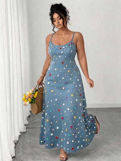 Elenzga Plus Size Simple Distressed Blue Spaghetti Strap Dress