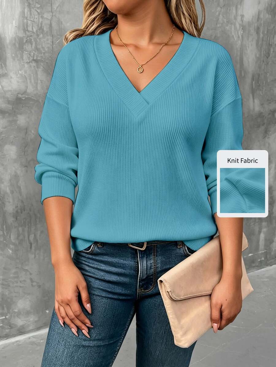 EMERY ROSE Fashion Plus Size Solid Color Knit Striped Long Sleeve Women's T-Shirt Fall - Blue - View 1