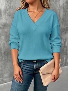 EMERY ROSE Fashion Plus Size Solid Color Knit Striped Long Sleeve Women's T-Shirt Fall - Blue - View 3