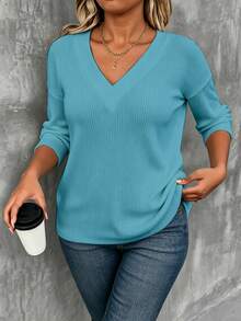 EMERY ROSE Fashion Plus Size Solid Color Knit Striped Long Sleeve Women's T-Shirt Fall - Blue - View 4