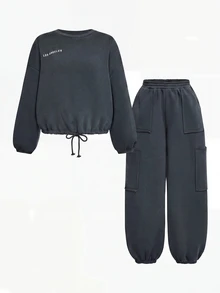 SHEIN SLAYR 青少年女孩休閒寬鬆連帽套頭衛衣與抽繩腰鬆緊抓絨運動褲套裝，反光印花 - 黑色 - 查看 1