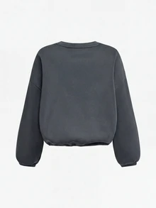 SHEIN SLAYR 青少年女孩休閒寬鬆連帽套頭衛衣與抽繩腰鬆緊抓絨運動褲套裝，反光印花 - 黑色 - 查看 3