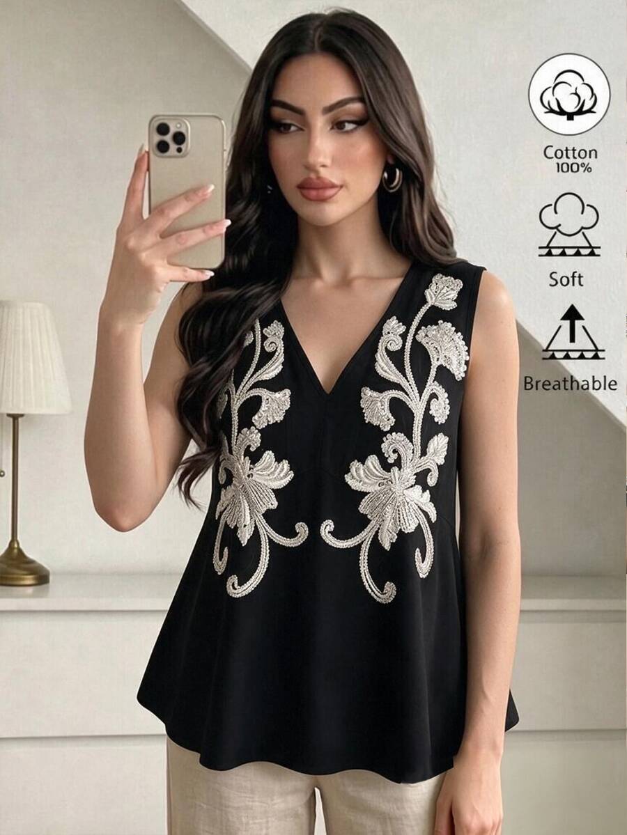 GlowEve Sleeveless Tank Top With Sequin Design And V-Neckline - Black - View 1