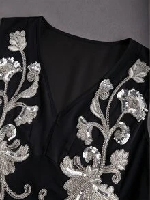 GlowEve Sleeveless Tank Top With Sequin Design And V-Neckline - Black - View 8