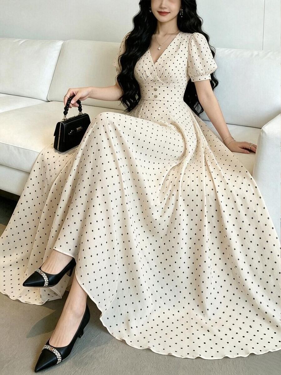 SHEIN PETITE 小巧花瓣袖優雅收腰長洋裝 - 杏色 - 查看 1