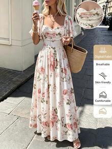 Celisse Digital Print Long Dress With Ruffle Cap Sleeves, Ruched Bust, Cinched Waist, Yellow Color - Multicolor - View 3