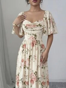 Celisse Digital Print Long Dress With Ruffle Cap Sleeves, Ruched Bust, Cinched Waist, Yellow Color - Multicolor - View 5