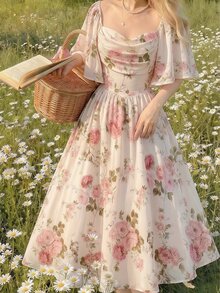 Celisse Digital Print Long Dress With Ruffle Cap Sleeves, Ruched Bust, Cinched Waist, Yellow Color - Multicolor - View 6