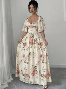 Celisse Digital Print Long Dress With Ruffle Cap Sleeves, Ruched Bust, Cinched Waist, Yellow Color - Multicolor - View 7