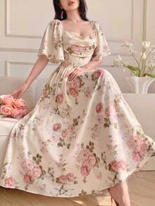 Celisse Digital Print Long Dress With Ruffle Cap Sleeves, Ruched Bust, Cinched Waist, Yellow Color - Multicolor - View 8
