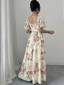 Celisse Digital Print Long Dress With Ruffle Cap Sleeves, Ruched Bust, Cinched Waist, Yellow Color - Multicolor - View 2