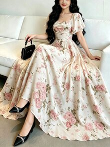 Celisse Digital Print Long Dress With Ruffle Cap Sleeves, Ruched Bust, Cinched Waist, Yellow Color - Multicolor - View 4