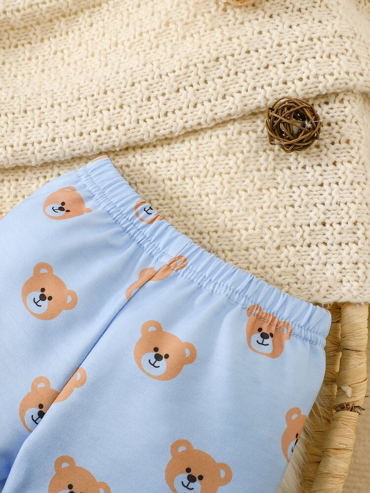 SHEIN Newborn Baby Boy Fashion Casual Regular Thickness Blue Crew Neck Long Sleeve Cute Bear Graphic Print Top And Cute Bear Head Print Pants Soft Versatile 2-Piece Set Suitable For Spring Autumn Winter Outdoor Indoor School Travel Various Occasions Daily Wear - Baby Blue - View 7
