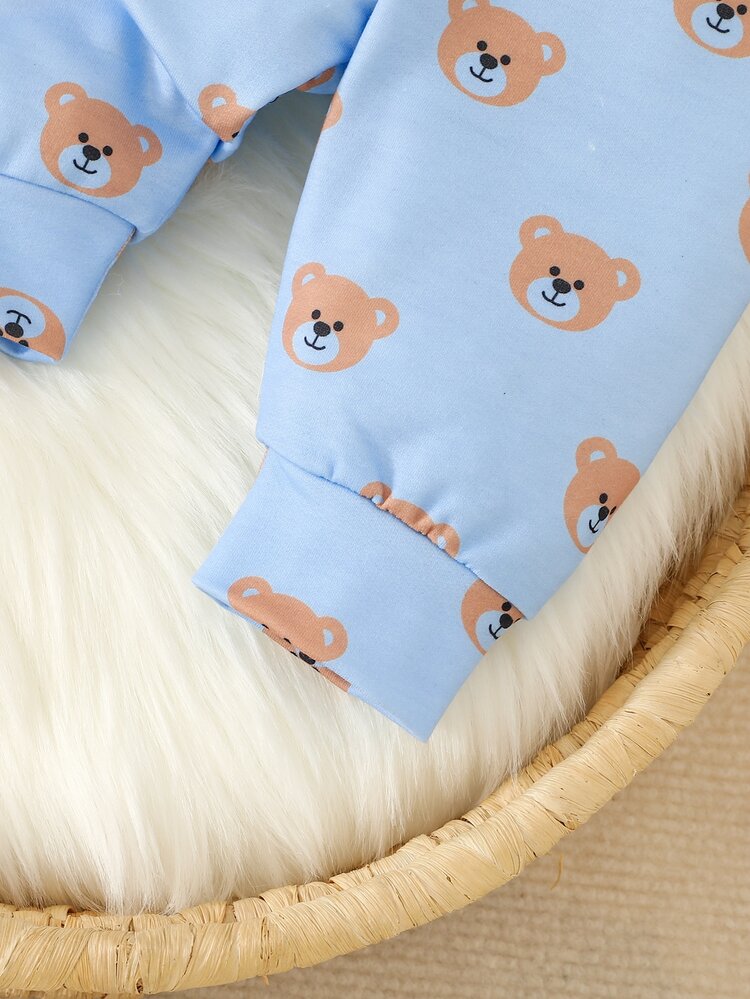 SHEIN Newborn Baby Boy Fashion Casual Regular Thickness Blue Crew Neck Long Sleeve Cute Bear Graphic Print Top And Cute Bear Head Print Pants Soft Versatile 2-Piece Set Suitable For Spring Autumn Winter Outdoor Indoor School Travel Various Occasions Daily Wear - Baby Blue - View 9