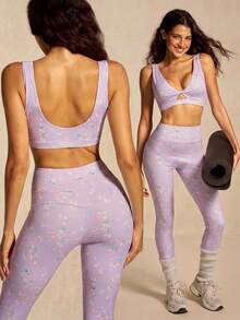 VARSIVA Women's Floral Print Cropped Front Knot Ruched Tank Top And Leggings Sports Set - Multicolor - View 2