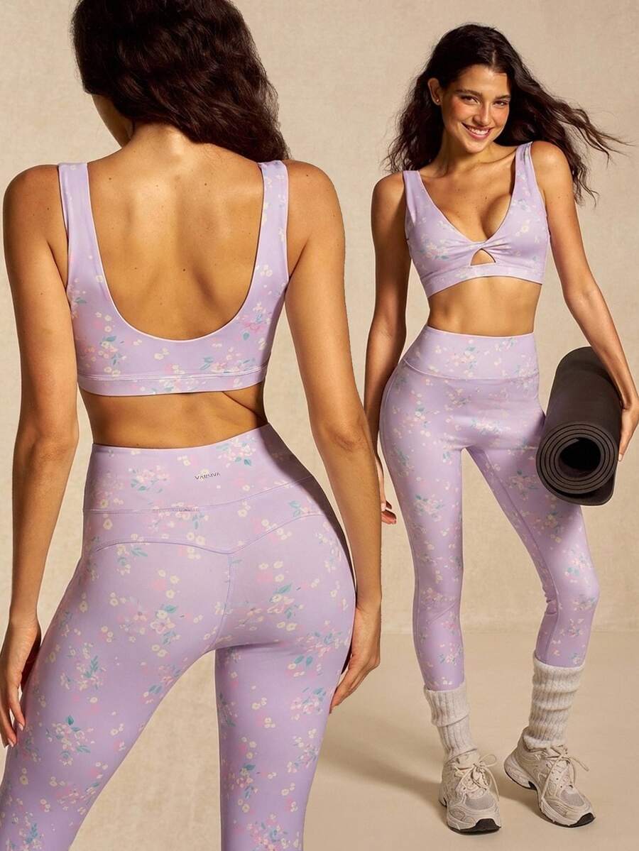 VARSIVA Women's Floral Print Cropped Front Knot Ruched Tank Top And Leggings Sports Set