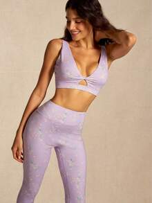 VARSIVA Women's Floral Print Cropped Front Knot Ruched Tank Top And Leggings Sports Set - Multicolor - View 8