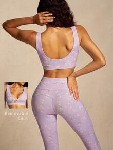 VARSIVA Women's Floral Print Cropped Front Knot Ruched Tank Top And Leggings Sports Set - Multicolor - View 3