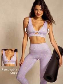 VARSIVA Women's Floral Print Cropped Front Knot Ruched Tank Top And Leggings Sports Set - Multicolor - View 10