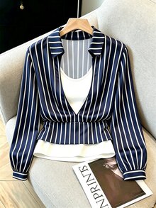 SHEIN Striped 2 In 1 Long Sleeve Casual Commuter Shirt - Multicolor - View 4