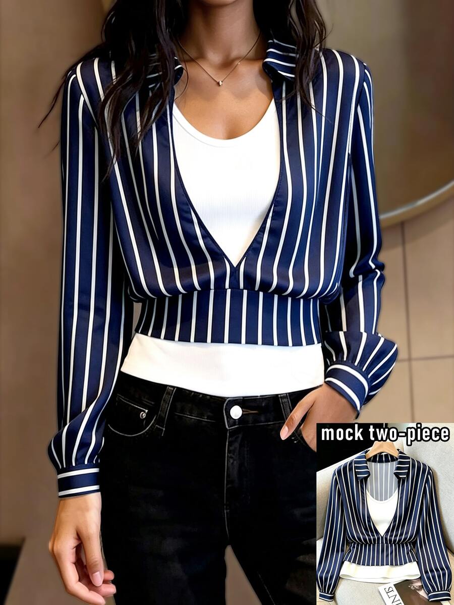 SHEIN Striped 2 In 1 Long Sleeve Casual Commuter Shirt - Multicolor - View 1