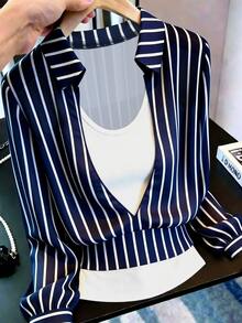 SHEIN Striped 2 In 1 Long Sleeve Casual Commuter Shirt - Multicolor - View 3