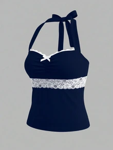 IslaSuriya Women's Contrast Lace Bow Decor Pleated Halter Top - Navy Blue - View 3