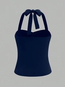 IslaSuriya Women's Contrast Lace Bow Decor Pleated Halter Top - Navy Blue - View 2