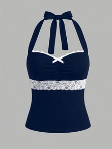 IslaSuriya Women's Contrast Lace Bow Decor Pleated Halter Top - Navy Blue - View 4