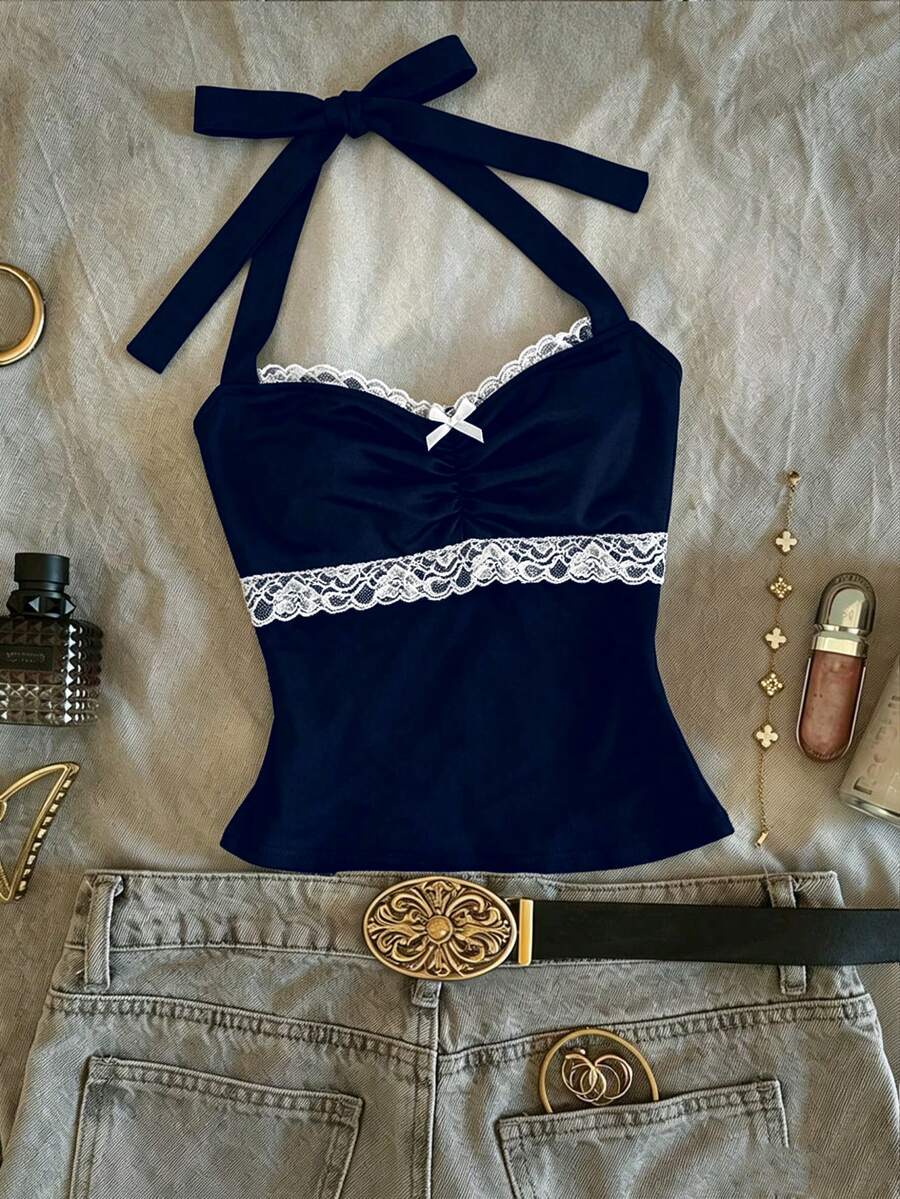 IslaSuriya Women's Contrast Lace Bow Decor Pleated Halter Top - Navy Blue - View 1