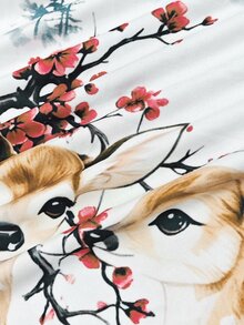 Lalippa 大尺碼白色花卉鹿圖案不對稱單肩休閒可愛女款短袖T恤，適合春夏度假 - 彩色 - 查看 5
