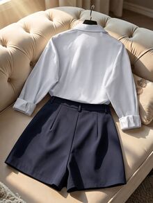 SHEIN Franclia French Striped Minimalist Casual Commute Shirt & Shorts 2 Pieces Set For Women - Multicolor - View 2