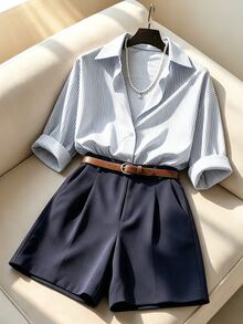 SHEIN Franclia French Striped Minimalist Casual Commute Shirt & Shorts 2 Pieces Set For Women - Multicolor - View 3