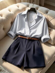 SHEIN Franclia French Striped Minimalist Casual Commute Shirt & Shorts 2 Pieces Set For Women - Multicolor - View 1