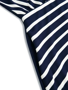 Breezaya +Robe de vacances décontractée et modeste pour femmes, col en V, patchwork bleu marine et blanc, style tropical, tenue de villégiature d'été, robe de vacances pour femmes, plage de vacances - Bleu marine - Voir 7