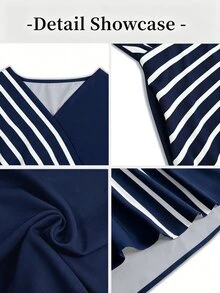 Breezaya +Robe de vacances décontractée et modeste pour femmes, col en V, patchwork bleu marine et blanc, style tropical, tenue de villégiature d'été, robe de vacances pour femmes, plage de vacances - Bleu marine - Voir 3