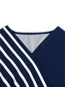 Breezaya +Robe de vacances décontractée et modeste pour femmes, col en V, patchwork bleu marine et blanc, style tropical, tenue de villégiature d'été, robe de vacances pour femmes, plage de vacances - Bleu marine - Voir 6